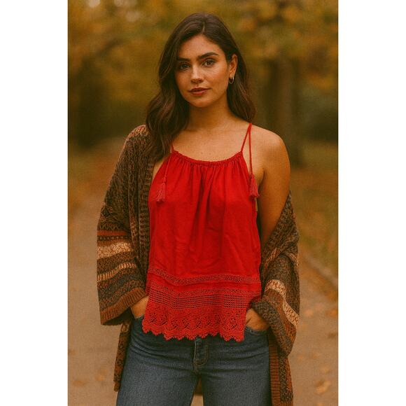 Alice + Olivia Revolve Danya Cami Tank Top XS Tassle Poppy Red Boho Bold Fall - Picture 1 of 11